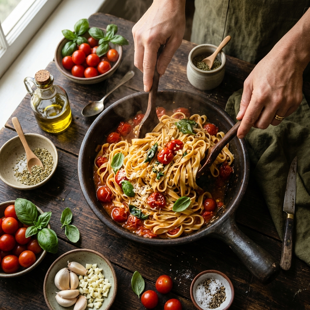 Cooking fresh pasta with tomatoes and basil