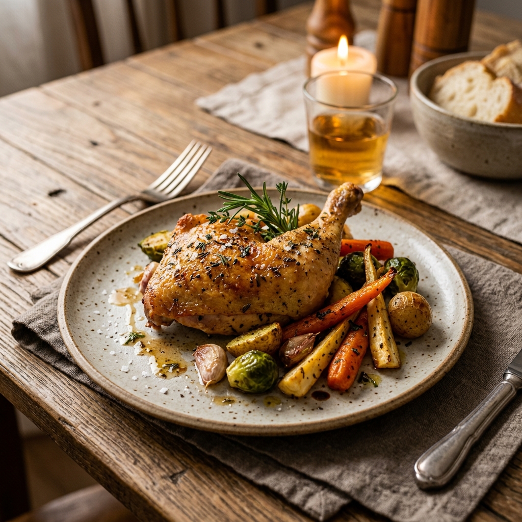 Roasted chicken with herbs and vegetables beautifully plated